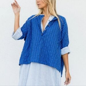 Off The Canvas Japanese Cotton Striped Top in Cobalt